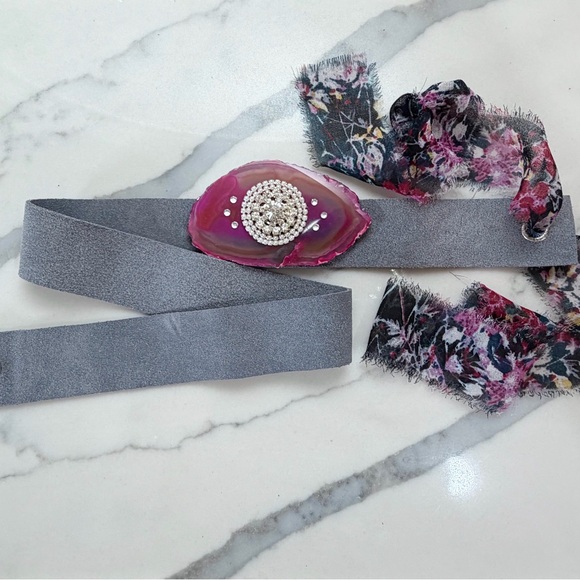 Accessories - Gray Italian suede, Agate Crystal Hat Band. With faux diamond and pearl center